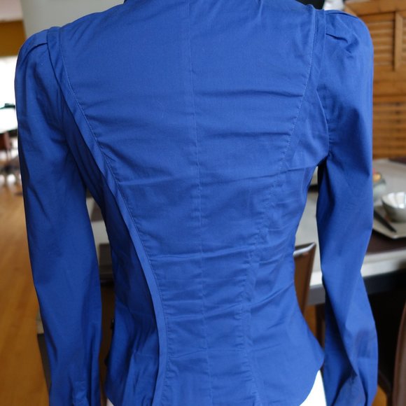 Just Cavalli blue blouse size small $380 puffed sleeves pleats Roberto Cavalli - Picture 2 of 12